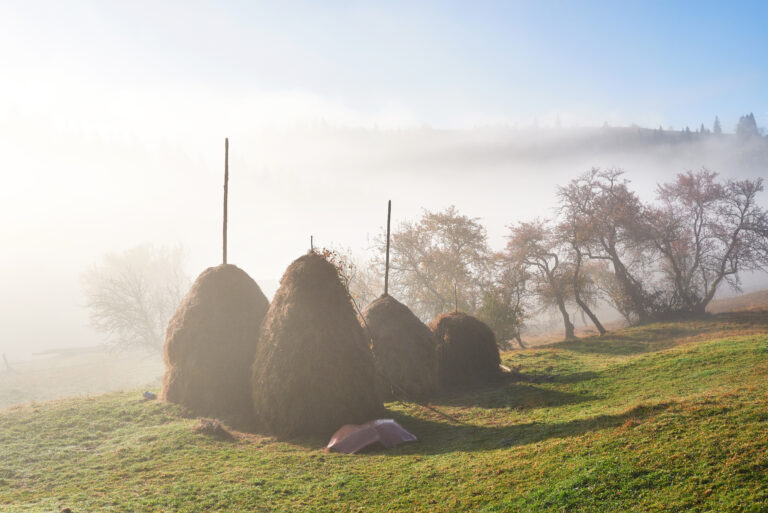 Amazing mountain landscape with fog and a haystack in autumn