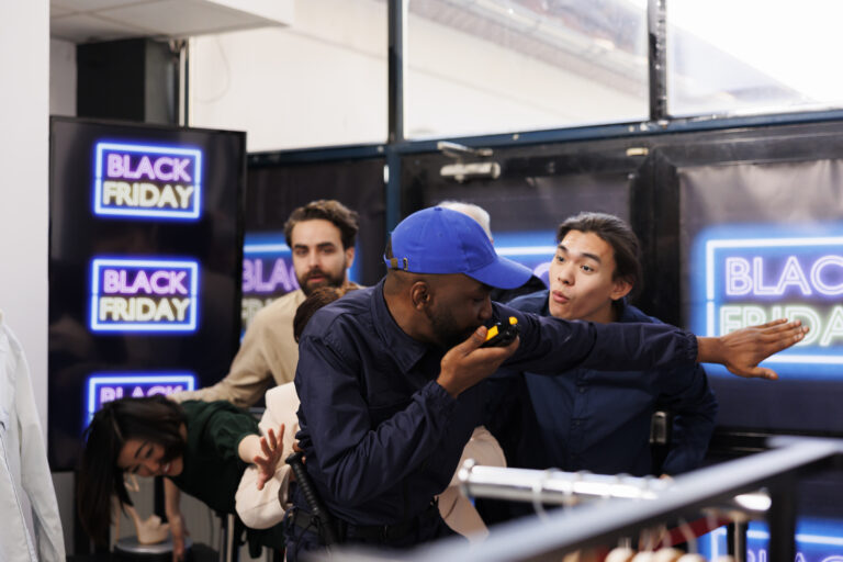 mad angry people shoppers lined up early store entrance attacking security guard breaking into shopping mall black friday sales police officer talking by walkie talkie trying hold crowd